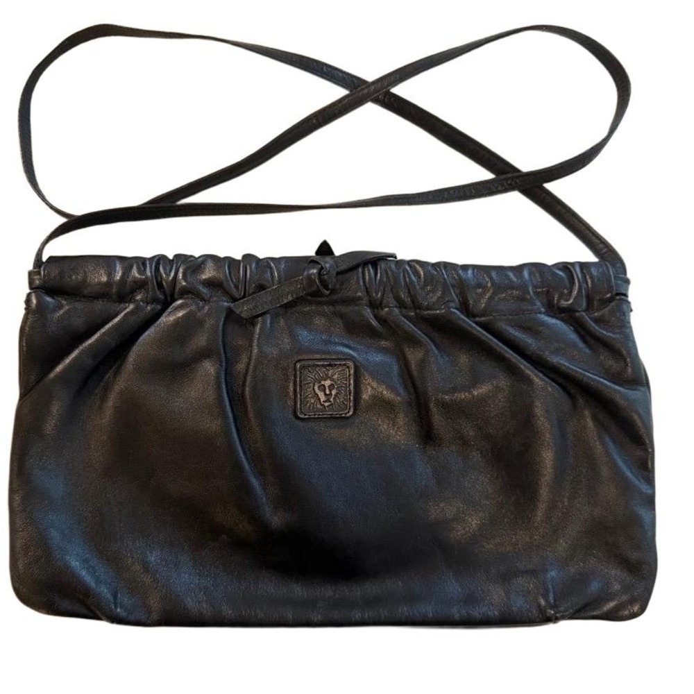 Vintage ANNE KLEIN by Calderon Black Leather Handbag Clutch Gathered Snap Top
